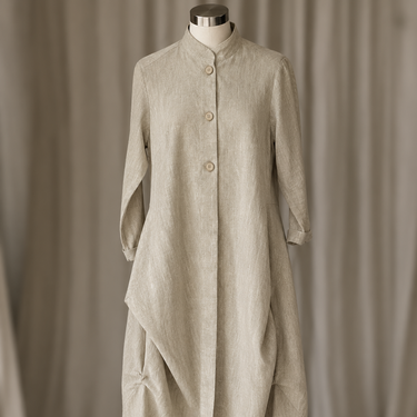 A long-sleeved, asymmetrical linen dress in a light oatmeal beige color, displayed on a mannequin against a soft, draped fabric backdrop.